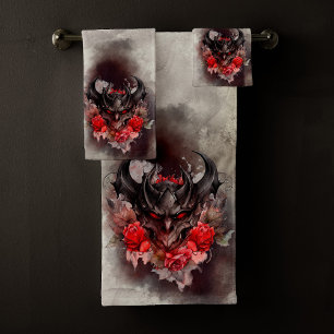 Wizardry Red Eyed Smoky Demon Beast with Roses Bath Towel Set