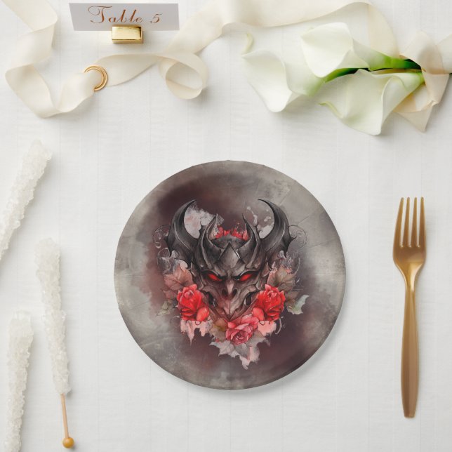 Wizardry | Red Eyed Smoky Demon Beast with Roses Paper Plates (Wedding)
