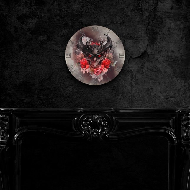 Wizardry | Red Eyed Smoky Demon Beast with Roses Round Clock (Creator Uploaded)