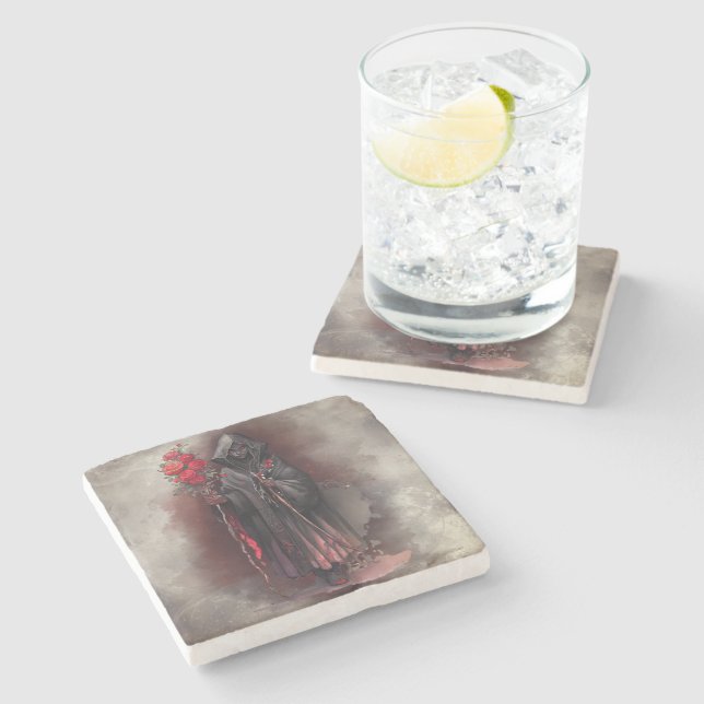Wizardry | Shadowy Dark Witch Glowing Red Eyes Stone Coaster (Side)
