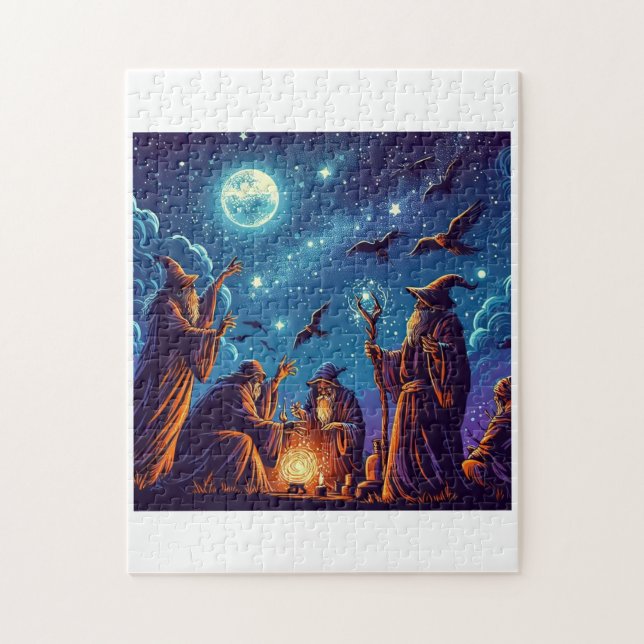 Wizards conjuring spells under a starry nigh jigsaw puzzle (Vertical)