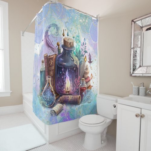 Wizards Table  Watercolor Witch Spellcasting Desk Shower Curtain
