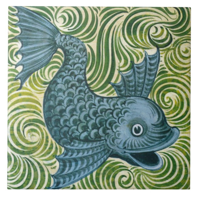 Wm De Morgan Blue Dolphin Tile (facing right) (Front)