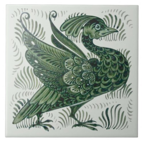 Wm De Morgan Green Bird Arts  Crafts Tile Left