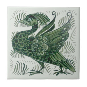 Wm De Morgan Green Bird Arts & Crafts Tile (Right)