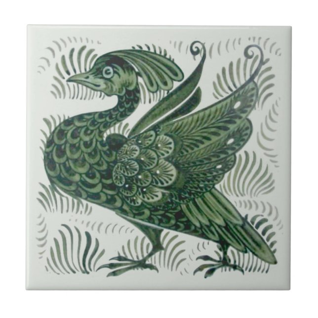 Wm De Morgan Green Bird Arts & Crafts Tile (Right) (Front)