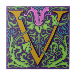Wm Morris Ornate Initial "V" Letter Ceramic Tile+ Tile