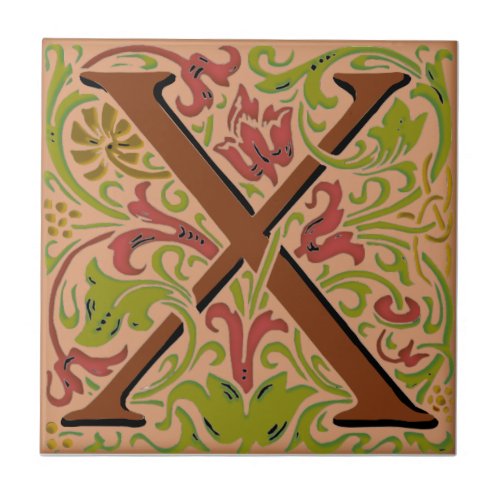 Wm Morris Ornate Initial X Letter Ceramic Tile  
