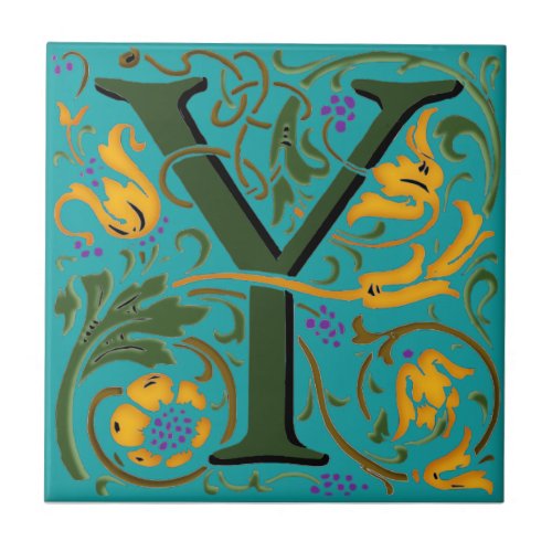 Wm Morris Ornate Initial Y Letter Ceramic Tile  