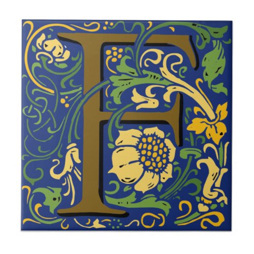 Wm Morris Ornate Letter F Initial Ceramic Tile  