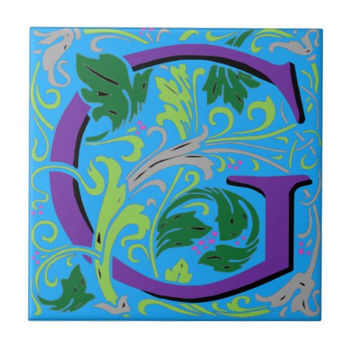Wm Morris Ornate Letter G Initial Ceramic Tile  