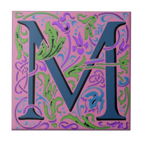 Wm Morris Ornate Letter M Initial Ceramic Tile  