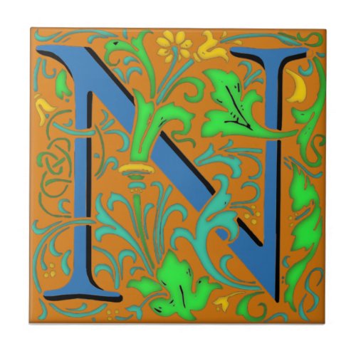Wm Morris Ornate Letter N Initial Ceramic Tile  