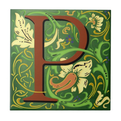 Wm Morris Ornate Letter P Initial Ceramic Tile  