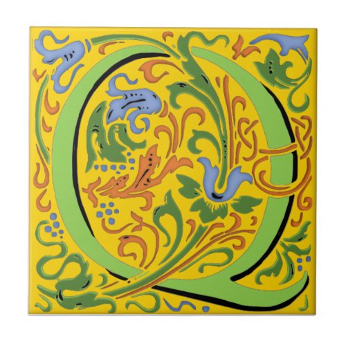 Wm Morris Ornate Letter Q Initial Ceramic Tile  