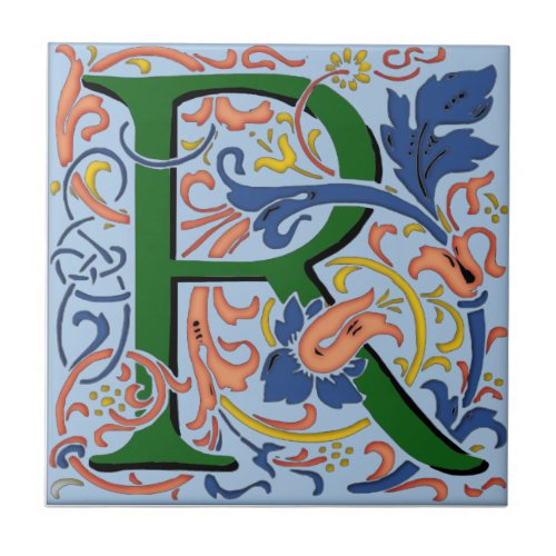 Wm Morris Ornate Letter R Initial Ceramic Tile  