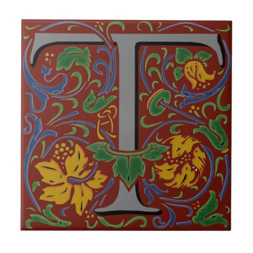 Wm Morris Ornate Letter T Initial Ceramic Tile  