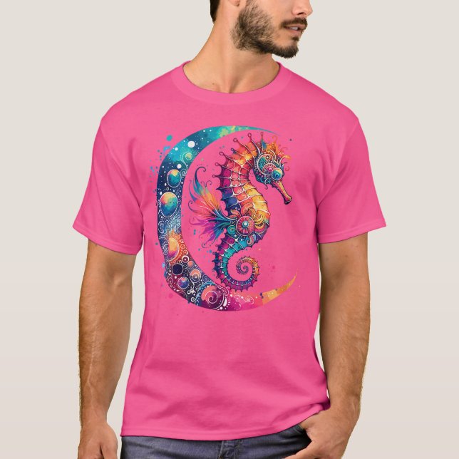 Wo Cosmic Celestial Seahorse Boho Moon T-Shirt (Front)