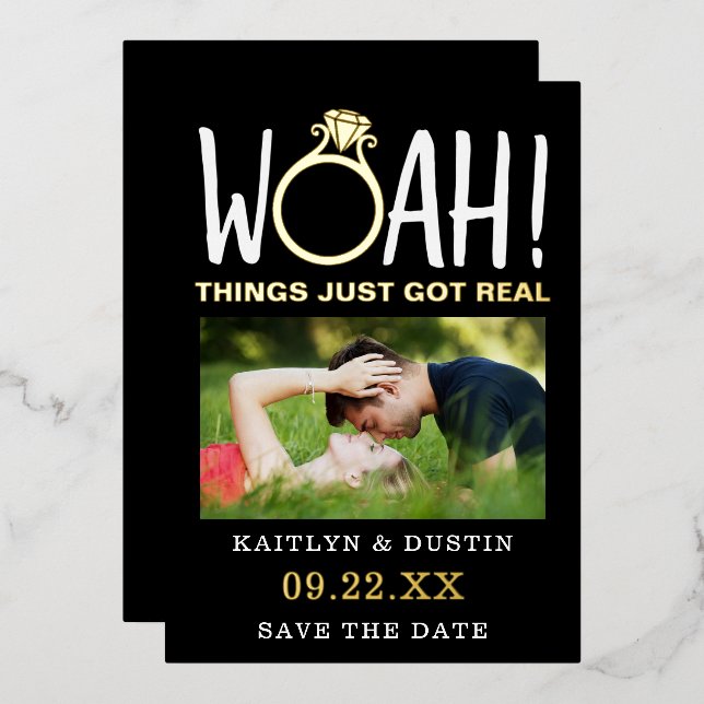 Woah Modern Photo Save The Date Real Foil Invitation (Front/Back)
