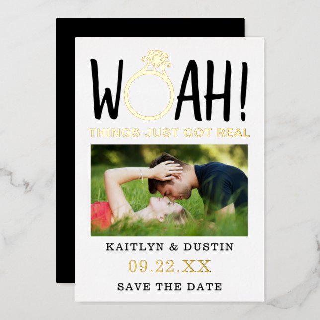 Woah Modern Photo Save The Date Real Foil Invitation (Front/Back)