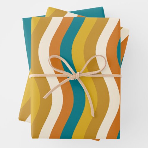 Wobbly Pop Stripes Retro Modern Pattern Teal Ocher Wrapping Paper Sheets