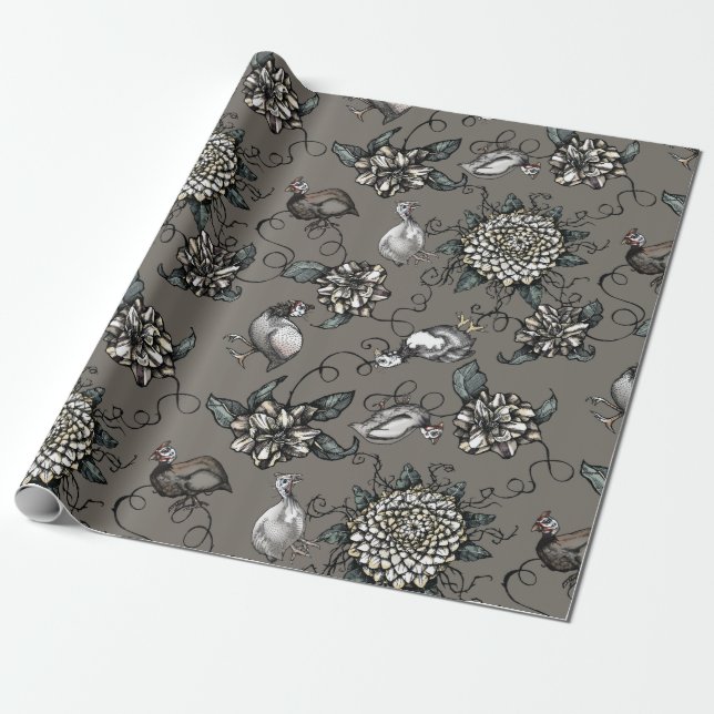 Woebegone Guinea Fowl, Blossoms, and Vines Wrapping Paper (Unrolled)