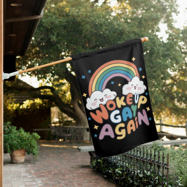 Woke Up Gay Again LGBT Pride Month Groovy  House Flag (In SItu)