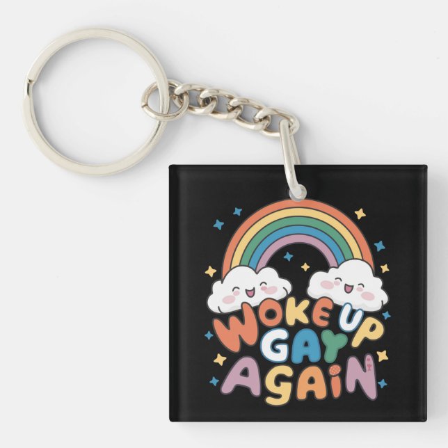 Woke Up Gay Again LGBT Pride Month Groovy  Keychain (Front)