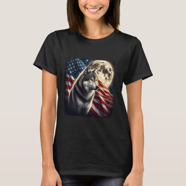 Wolf 4th of July American Flag Alpha Wolf Under Mo T-Shirt (Front)