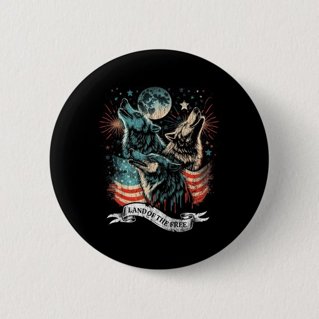 Wolf 4th Of July American Flag Howling America Moo Button (Front)