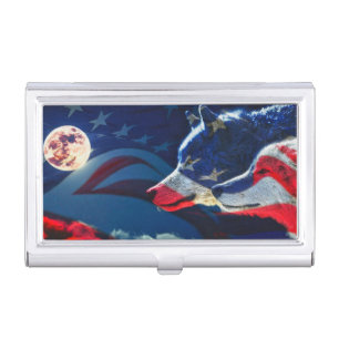 Wolf American Flag Full Moon Business Card Case