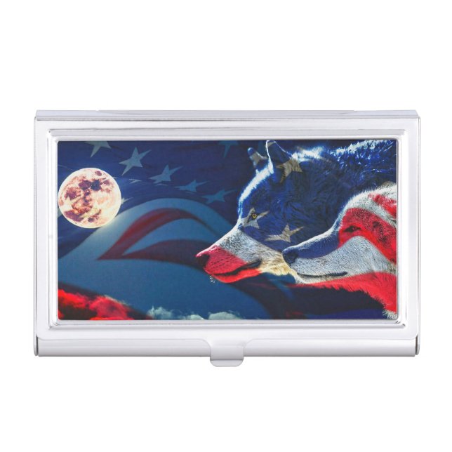 Wolf American Flag Full Moon Business Card Case (Front)