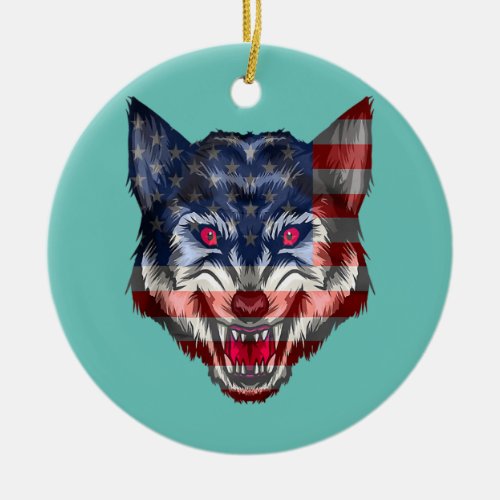 Wolf American Flag USA 4th Of July Wolf Lover  Ceramic Ornament
