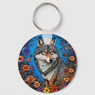 Wolf Amid Vibrant Flowers Keychain