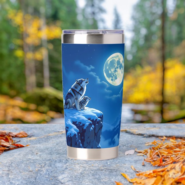 Wolf and Baby Cub Howling at Full Moon Insulated Tumbler (Outdoor (Rotated))