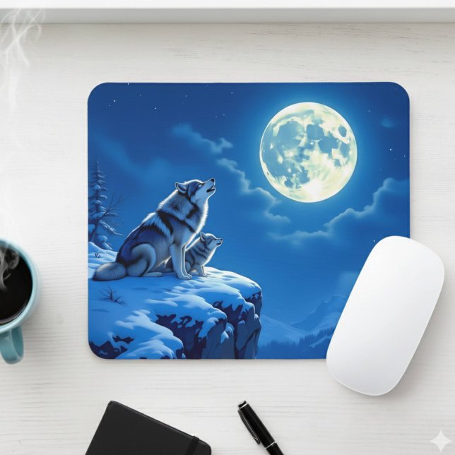 Wolf and Baby Cub Howling at Full Moon Mouse Pad (Creator Uploaded)