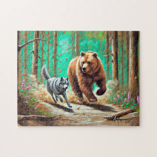 Wolf and Bear Chase Pastel Chalk Forest Scene Jigsaw Puzzle
