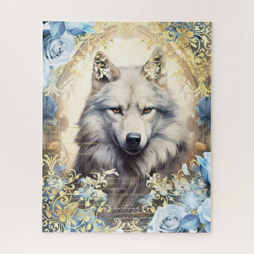 Wolf and Blue Roses Jigsaw Puzzle