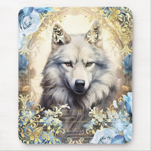 Wolf and Blue Roses Mouse Pad