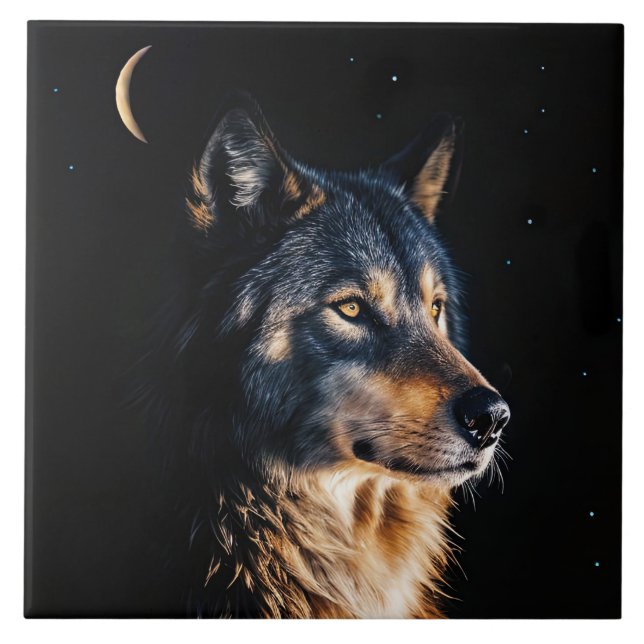 Wolf and Crescent Moon Mystical Ceramic Tile (Front)