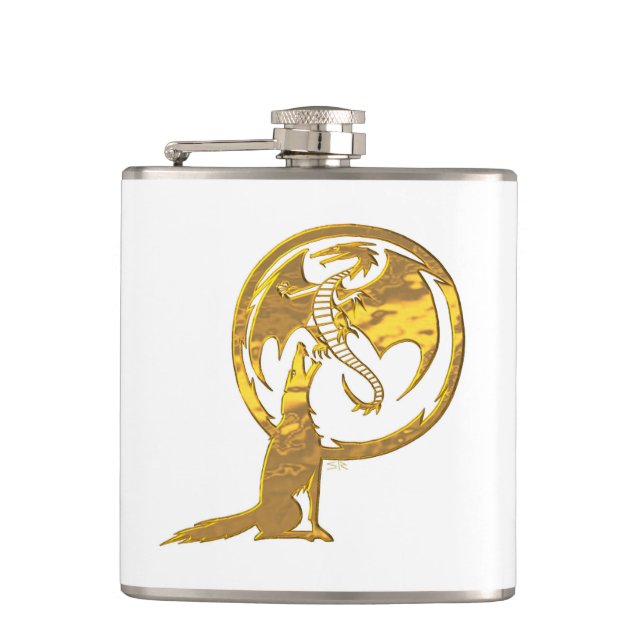 Wolf and Dragon gold white wrapped flask (Front)