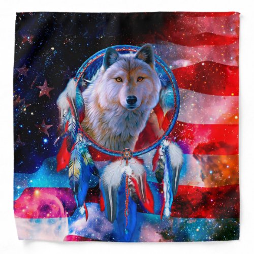 Wolf and Dreamcatcher in american flag painting Bandana