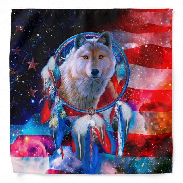 Wolf and Dreamcatcher in american flag painting Bandana (Front)