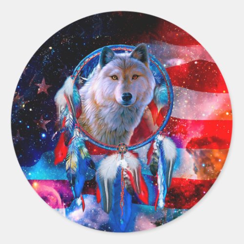 Wolf and Dreamcatcher in american flag painting Classic Round Sticker