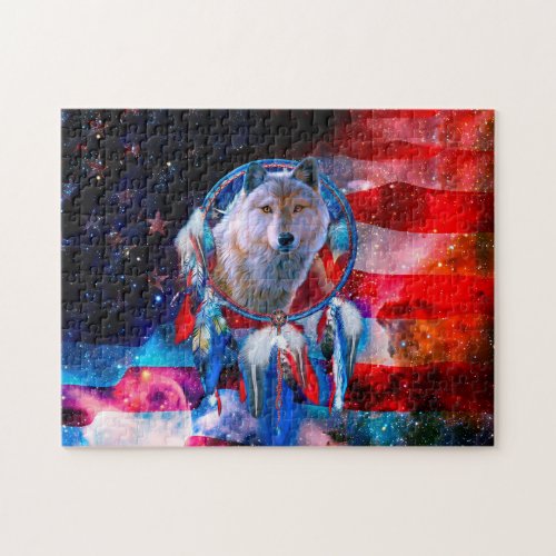 Wolf and Dreamcatcher in american flag painting Jigsaw Puzzle