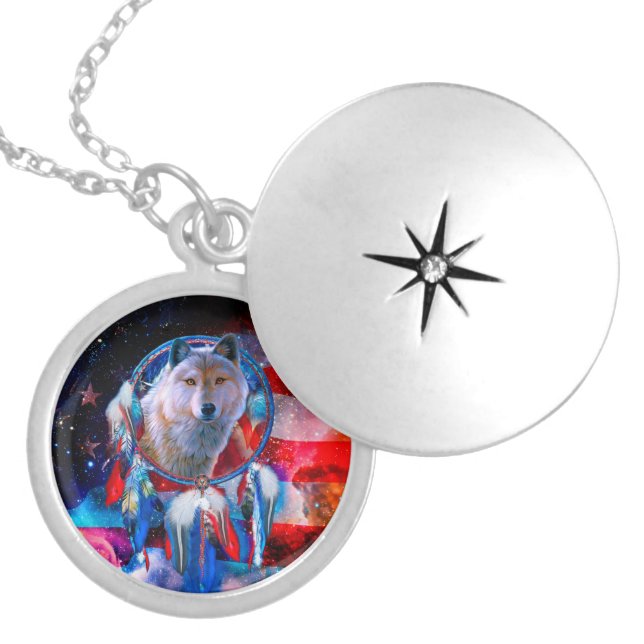 Wolf and Dreamcatcher in american flag painting Locket Necklace (Front)