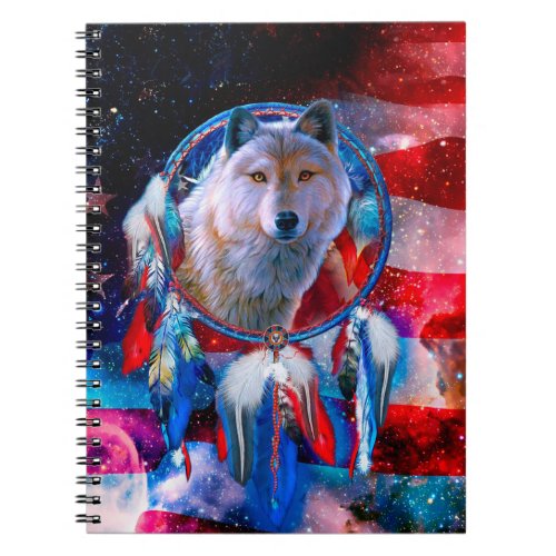 Wolf and Dreamcatcher in american flag painting Notebook
