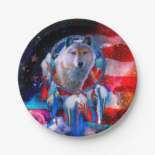 Wolf and Dreamcatcher in american flag painting Paper Plates