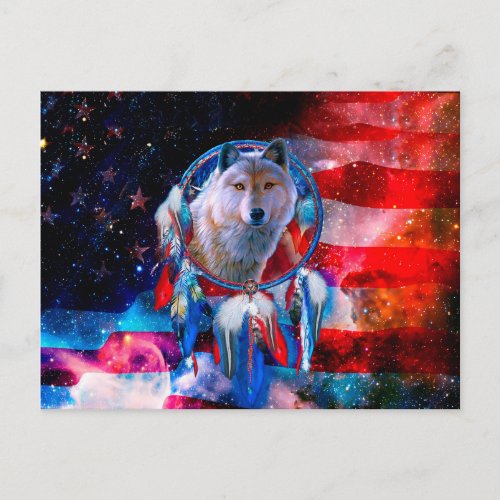 Wolf and Dreamcatcher in american flag painting Postcard