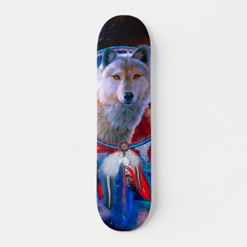 Wolf and Dreamcatcher in american flag painting Skateboard